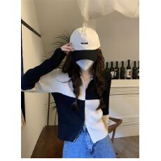 批发薄款撞色长袖针织毛衣新款双拉链甜辣风短款毛线上衣女
