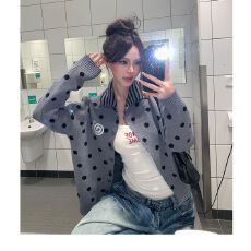 批发韩系少女波点翻领毛衣女显瘦上衣开衫针织外套