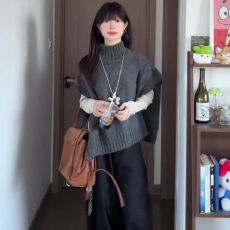 批发针织女秋季宽松显瘦高领毛衣外套灰色披肩新款韩系上衣