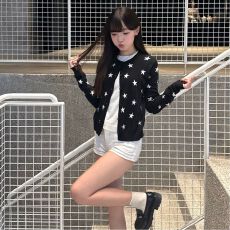 批发【实价不减】甜美风黑色星星假两件针织开衫女新款设计感百搭毛衣