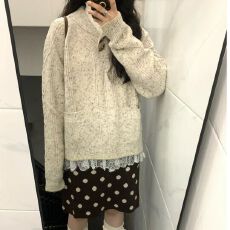 批发日系温柔风花灰色套头毛衣女秋<b class='q'>冬</b>设计感宽松长袖针织衫