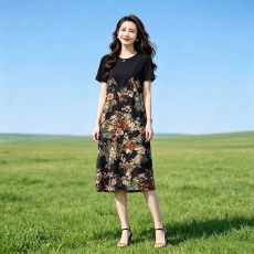 批发<b class='q'>夏季</b>新款宽松遮肉显瘦大码妈妈装气质中长款拼接假两件连衣裙子女