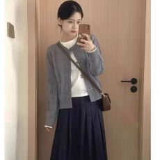 批发灰色蝴蝶结毛衣开衫新款慵懒风<b class='q'>针织</b>外套小个子软糯上衣