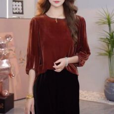 批发新中式丝绒七分袖上衣女秋季新款K圆领宽松显瘦气质减龄<b class='q'>妈妈</b>装T恤