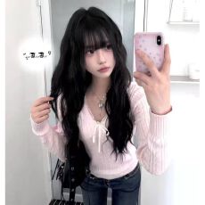 批发粉色蕾<b class='q'>丝</b>V领修身假两件针织衫新款毛衣女显瘦麻花上衣