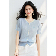 批发实拍◆有◆卡通小狗刺绣短袖针织开衫女2026夏季薄款冰丝上衣