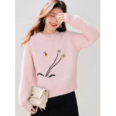 批发实拍◆有◆<b class='q'>手工</b>刺绣卷边圆领<b class='q'>毛衣</b>女2025秋冬新款宽松慵懒风针织衫