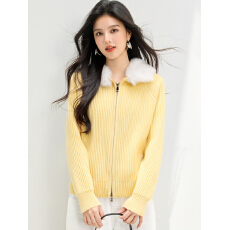 实拍◆有◆奶酪黄连帽毛领毛衣女冬仿狐狸毛领可拆卸拉链针织衫
