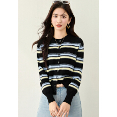 批发实拍◆有◆超火撞色条纹圆领软糯针织<b class='q'>开衫</b>女秋季显瘦长袖收腰上衣
