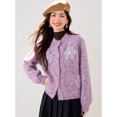 批发实拍◆有◆紫色圆领毛衣女秋冬2025冬新款<b class='q'>立体</b><b class='q'>花朵</b>宽松慵懒针织衫