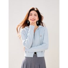 实拍◆有◆连帽双拉链软糯长袖针织开衫秋季时尚气质帽衫休闲上衣