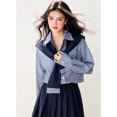 批发实拍◆有◆韩系穿搭套装女<b class='q'>条纹</b>长袖衬衫藏青色<b class='q'>半身裙</b>学院风两件套