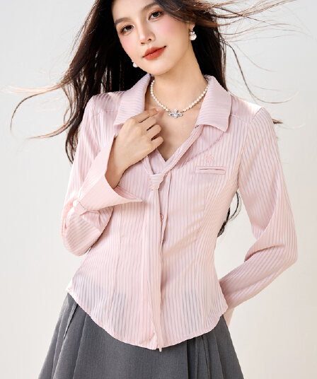 실사 있음 여성 의류 미니멀리즘 단색 지퍼 V 넥 셔츠 지방 mm 봄 새로운 출퇴근 품격 긴팔 셔츠