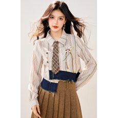 批发实拍◆有◆短款收腰条纹衬衫女长袖2025秋季开叉<b class='q'>通勤</b>衬衣韩系上衣