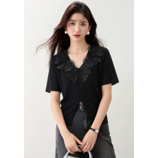 批发实拍◆有◆大码女装夏装波浪条纹蕾丝T恤微胖MM<b class='q'>宽松</b>短袖上衣