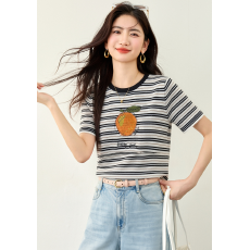 批发实拍◆有◆大码女装夏装波浪条纹蕾丝T恤微胖MM<b class='q'>宽松</b>短袖上衣