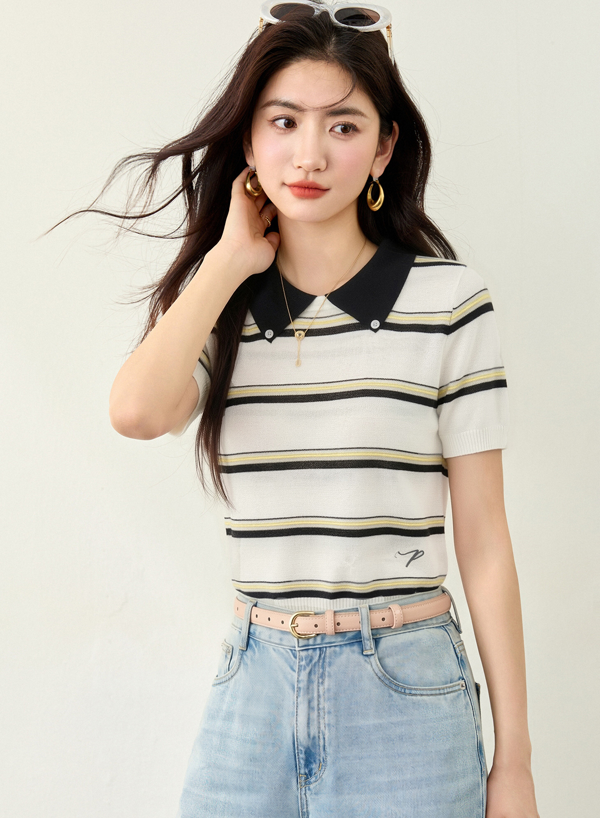 실사 있음 스트라이프 배색 반팔 니트 스웨터 26 봄 여름 새로운 출퇴근 폴로 칼라 맨위