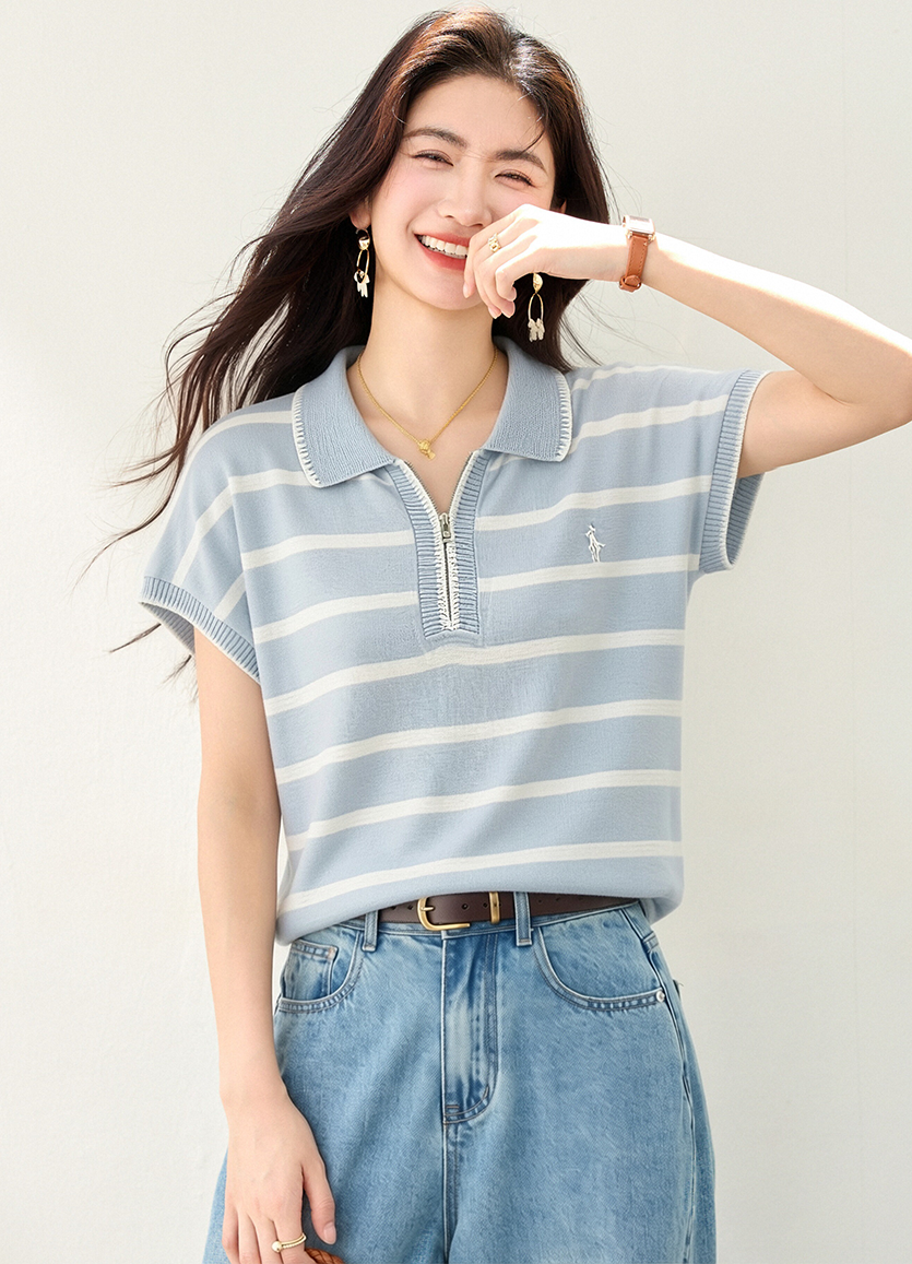 실사 있음 스트라이프 POLO 칼라 반팔 니트 스웨터 여성 여름 2026 새로운 디자인 센스 작은 대중 지퍼 맨위