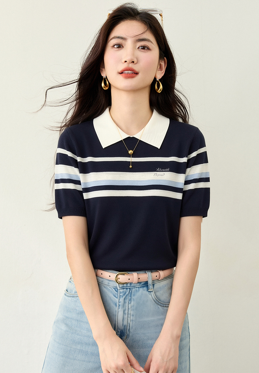 실사 있음 스트라이프 POLO 칼라 반팔 니트 스웨터 여성 여름 2026 새로운 디자인 센스 작은 대중 허리 수축 맨위
