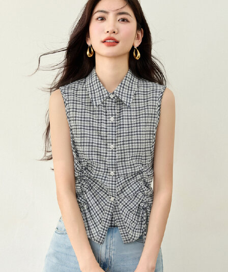 실사 있음 디자인 센스 양면 펌프 Pleat 민소매 체크무늬 맨위 여성 2026 여름 새로운 폴로 칼라 쇼트 스타일 티셔츠