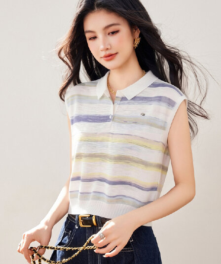 실사 있음 2026 년 여름 패션 다용도 그라데이션 스트라이프 POLO 칼라 슬림해 보이는 품격 민소매 티셔츠 여성