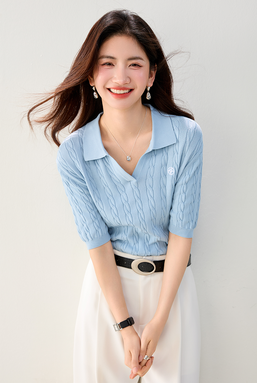 실사 있음 빅 사이즈 여성용 짧은 소매 니트 스웨터 여름 마이크로 지방 mm 배색 알파벳 자수 티셔츠 폴로 칼라 맨위