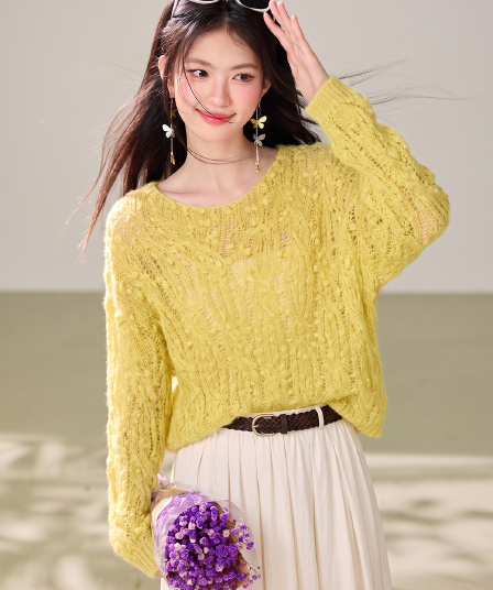 꽃 실 보트넥 홀로우 아웃 꽈배기 스웨터 여자 풀오버 2026 가을 겨울 새로운 루즈핏 느긋한 바람 맨위 니트 스웨터