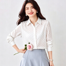 批发2025春红色波点女士上衣提花真丝缎面修身衬衫通勤桑大码衬衣长袖