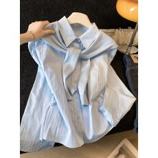 批发韩系条纹衬衫可拆卸<b class='q'>针织</b>披肩假两件设计学院风减龄百搭温柔风<b class='q'>上衣</b>