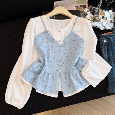 批发实拍2026新款假两件碎花吊带拼接<b class='q'>喇叭袖</b>显瘦女<b class='q'>上衣</b>