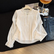 批发实拍2026温柔风蕾丝系带立领<b class='q'>喇叭袖</b>显瘦气质仙女风百搭女<b class='q'>上衣</b>