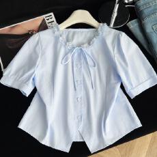 批发实拍蕾丝花边系带收腰短袖衬衫女夏季新款温柔风气质显瘦<b class='q'>开衫</b>上衣