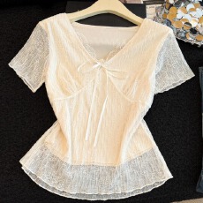 批发实拍2026法式V领短袖蕾丝衫女蝴蝶结收腰显瘦蕾丝<b class='q'>雪纺上衣</b>