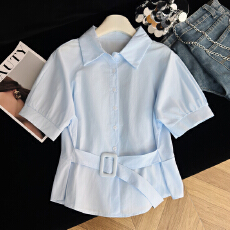 批发<b class='q'>实拍</b>收腰系带白<b class='q'>衬衫</b>女夏季新款泡泡袖V领单排扣通勤气质短袖上衣