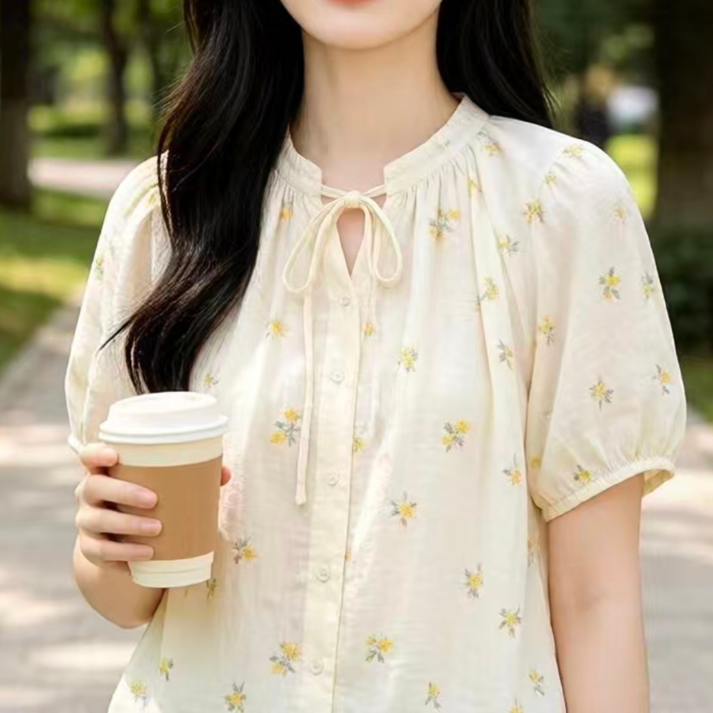 실사 부드러운 바람 황색 꽃무늬 반팔 여름 얇은 스타일 루즈핏 맨위 프랑스식 레이스업 인형 셔츠