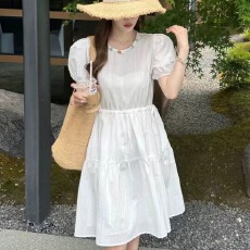 批发韩版圆领泡泡袖收腰连衣裙女2026夏季新款宽松显瘦百搭减龄短裙