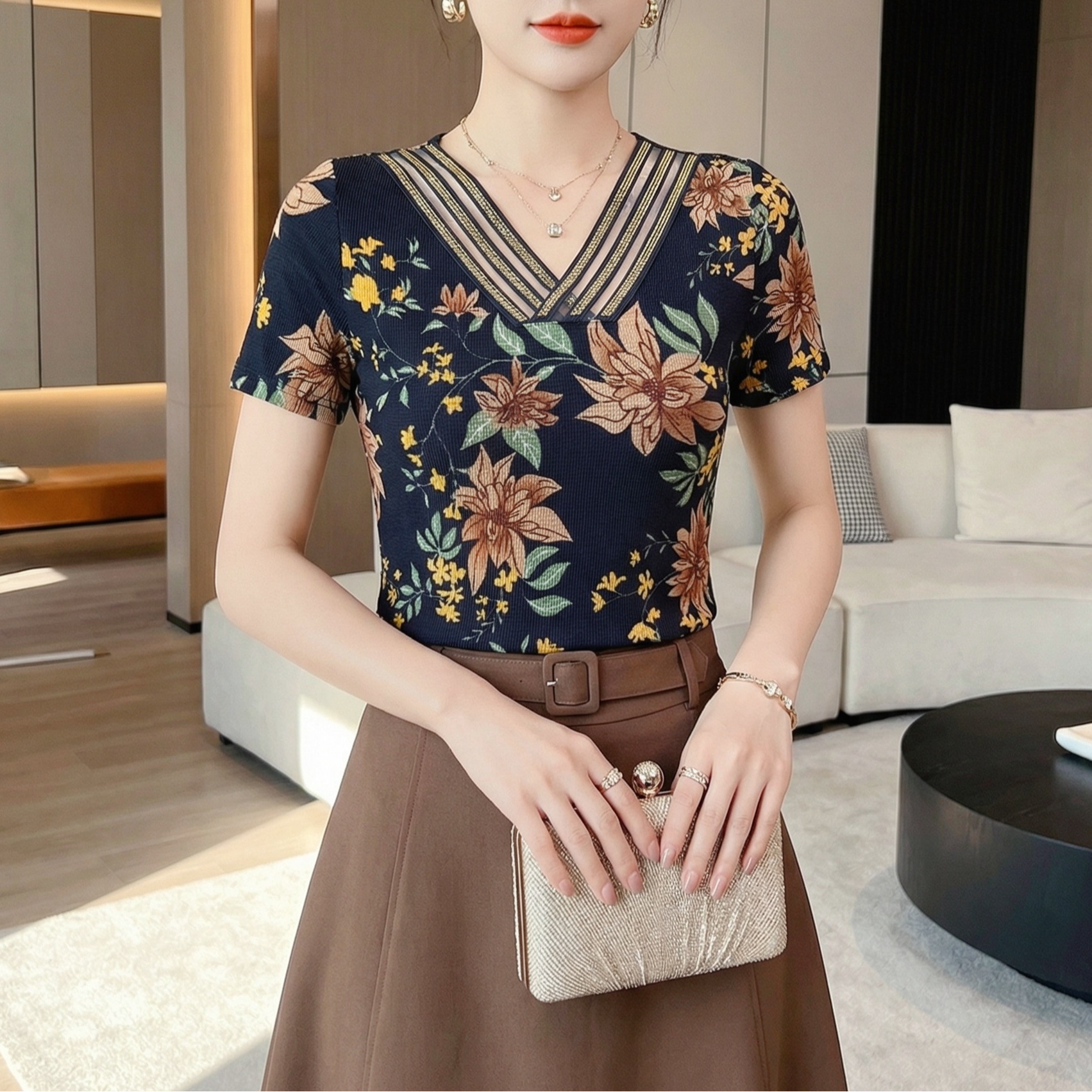 RY1181# 2026夏季新款套头短袖交叉v领优雅印花上衣洋气烫钻修身有...