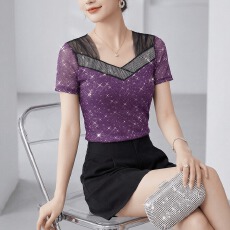 批发<b class='q'>夏</b>季新款短袖交叉V领网纱印花上衣女闪亮烫钻工艺优雅高弹柔软T恤