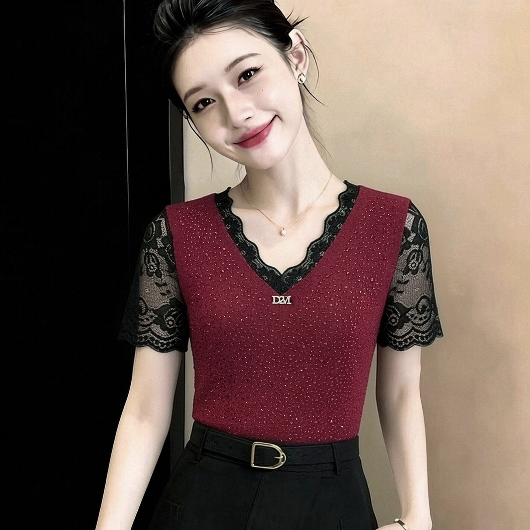 여름 새로운 반팔 V넥 패션 풀오버 티셔츠 여성 외국 가스 핫픽스 캐주얼 품격 허리 수축 스트레치 직물 맨위
