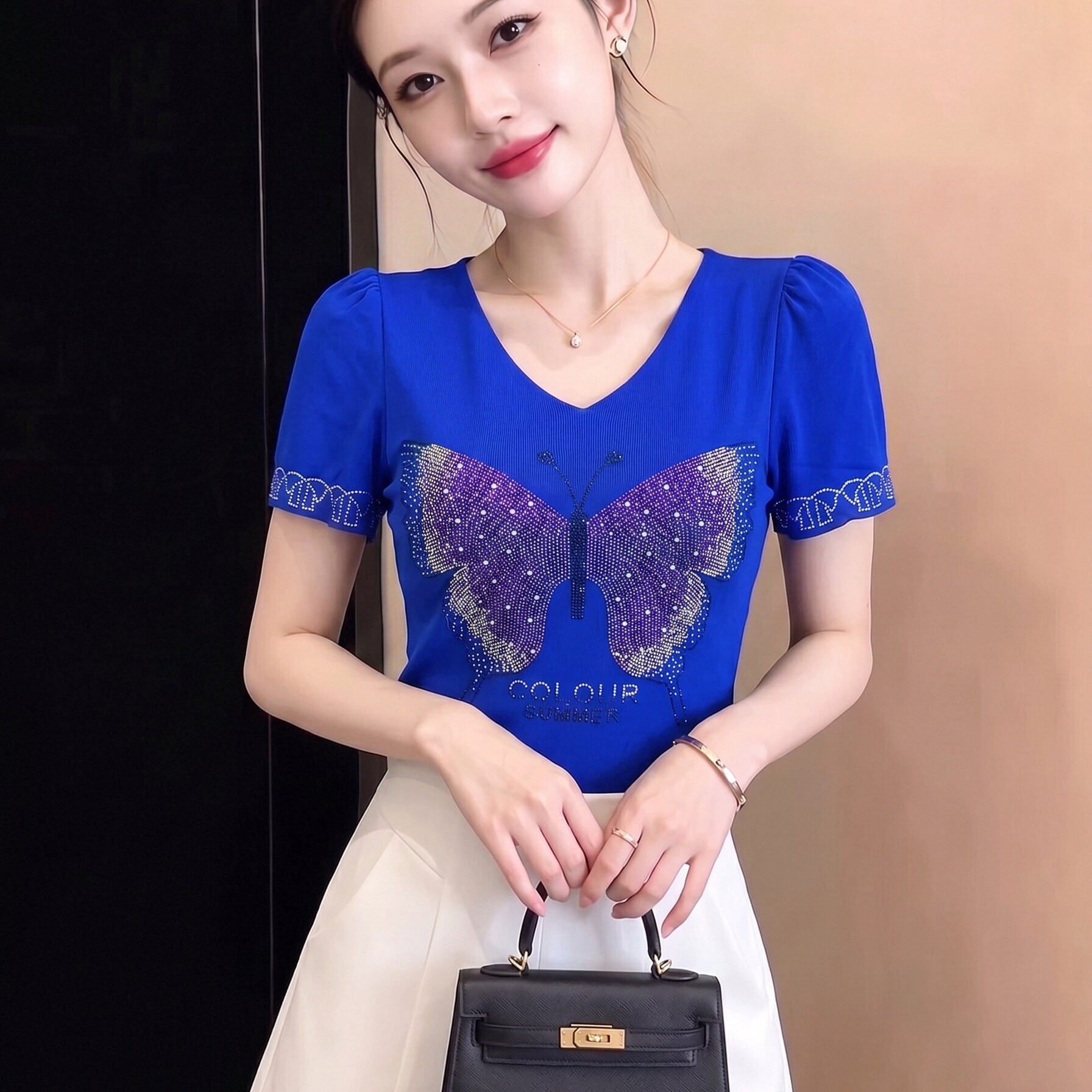 여름 새로운 V넥 연꽃 잎 소매 우아함 나비 핫픽스 맨위 여성 부드럽다 망사 높은 탄력성 허리 수축 다용도 티셔츠