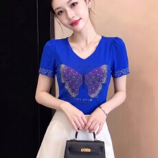 批发夏季新款v领荷叶袖优雅蝴蝶烫钻上衣女柔软网纱高弹力收腰百搭t恤
