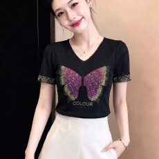批发夏季新款v领荷叶袖优雅蝴蝶烫钻上衣女柔软网纱高弹力收腰百搭t恤