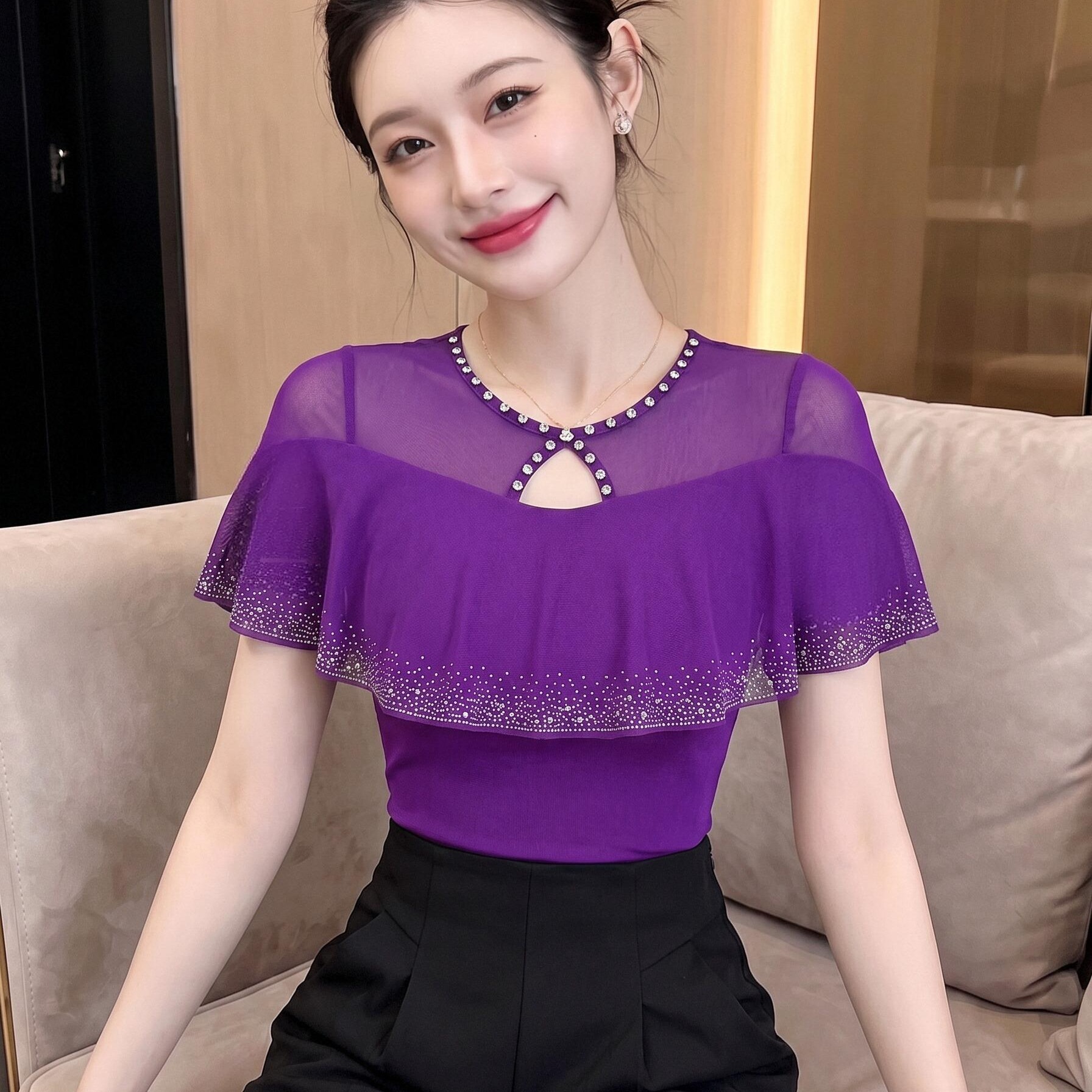 여름 새로운 라운드 넥 풀오버 우아함 망토 반팔 맨위 여성 부드럽다 높은 탄력성 원단 몸매 가꾸기 몸매 가꾸기 t