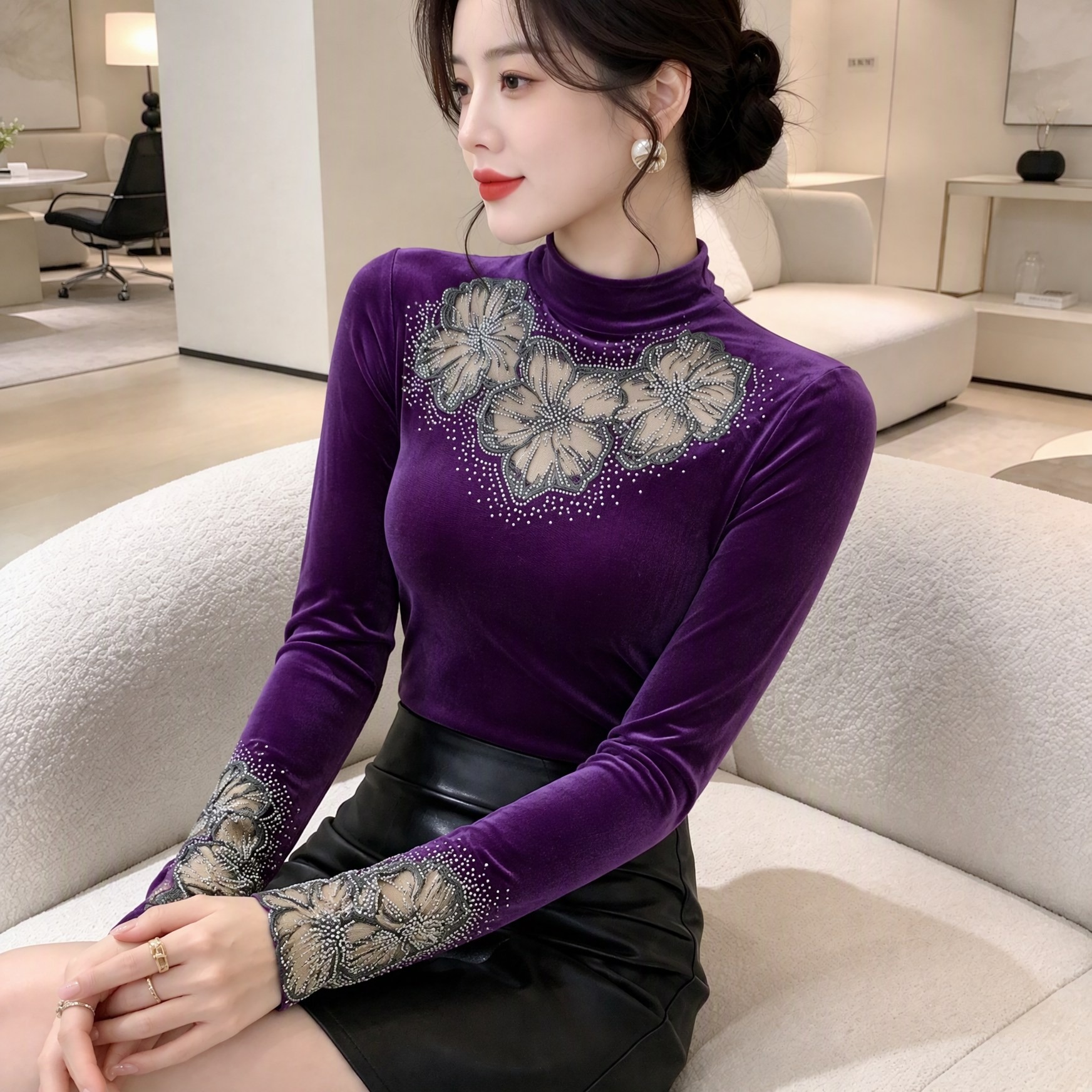 BY37124# 女士半高领长袖打底衫金丝绒面料优雅花边拼接烫钻上衣收腰紧身T 服裝批發女裝批發服飾貨源