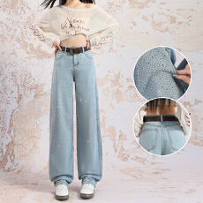 批发烫钻直筒牛仔裤女2026新款春宽松高腰显瘦垂感弹力窄版阔腿拖地裤