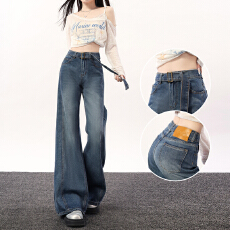 批发复古蓝高腰微喇牛仔裤女春新修身显瘦宽松垂感不贴腿直筒喇叭裤子