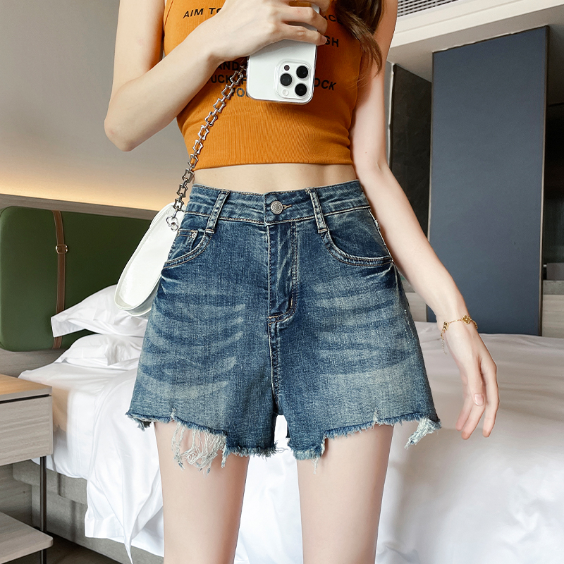 RY4168# 毛边牛仔短裤女夏2026新款高腰弹力显瘦小个子阔腿辣妹a字...