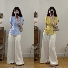 批发实拍新款洋气韩版纯色单排扣<b class='q'>修身</b>上衣显瘦遮肉阔腿长<b class='q'>裤</b>裙两件套