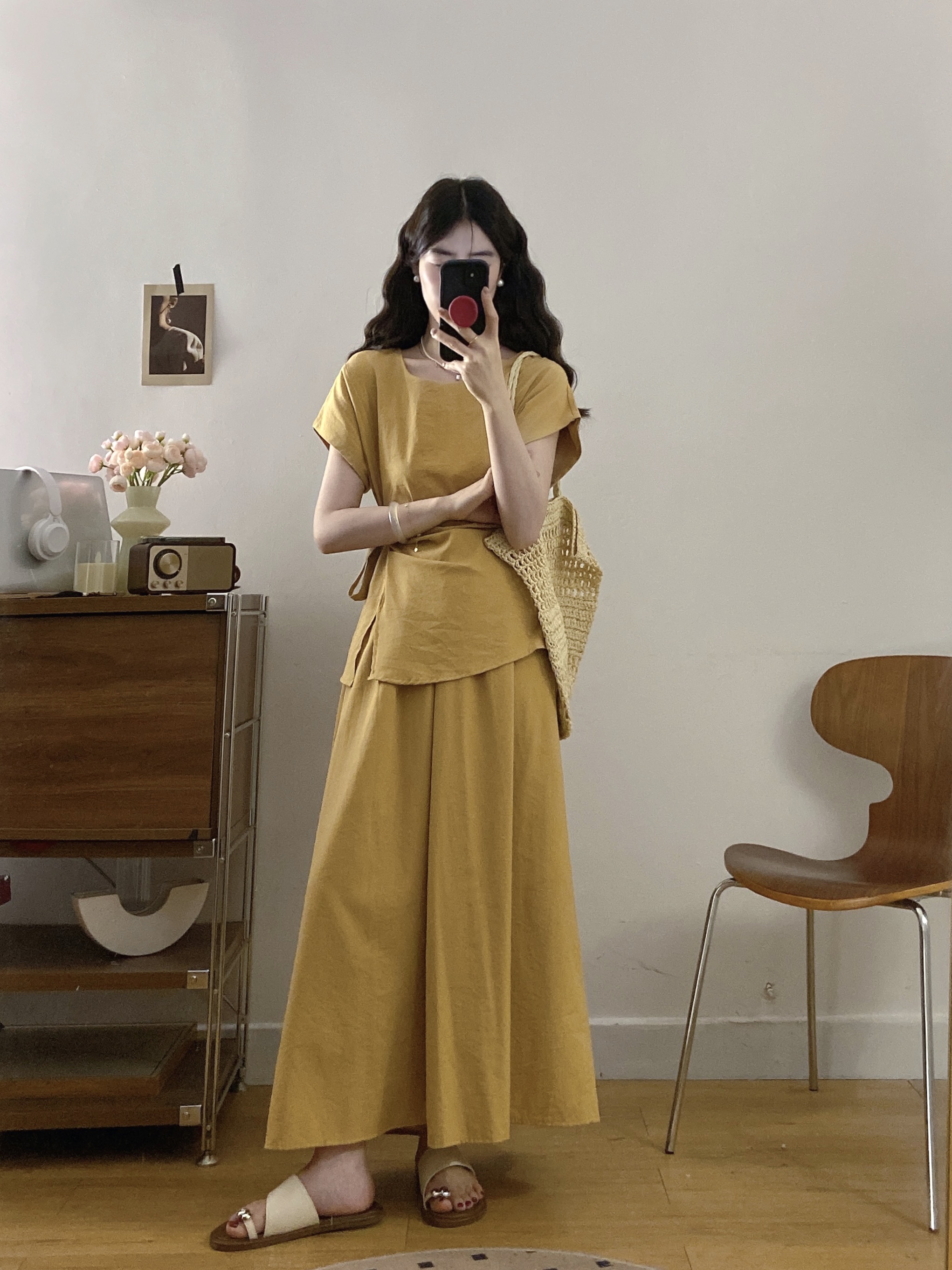 실사 고급 센스 라운드 넥 허리 수축 주름 반팔 셔츠 레이스업 허리 수축 느긋한 슬림해 보이는 캐주얼 반 스커트 세트