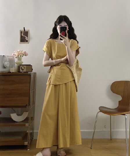 실사 고급 센스 라운드 넥 허리 수축 주름 반팔 셔츠 레이스업 허리 수축 느긋한 슬림해 보이는 캐주얼 반 스커트 세트